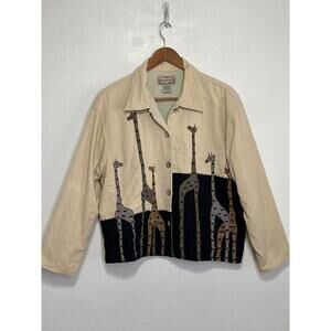 VTG New Direction Giraffe Corduroy Quilted Jacket L Tan Brown Safari Button Up